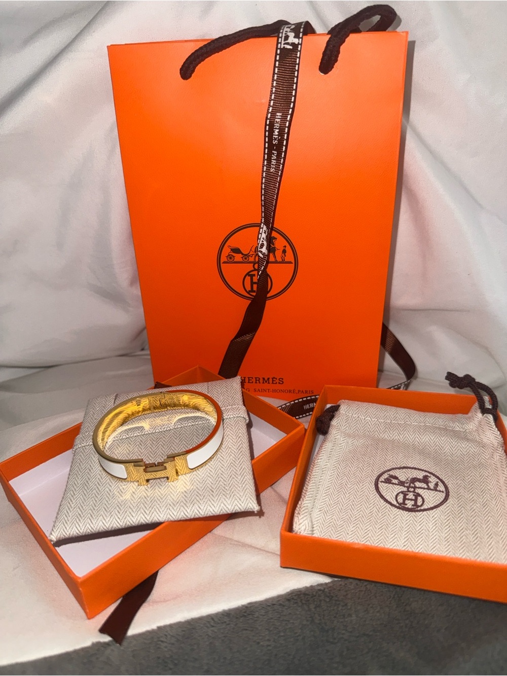 Hermes White Enamel & Gold H Bracelet
